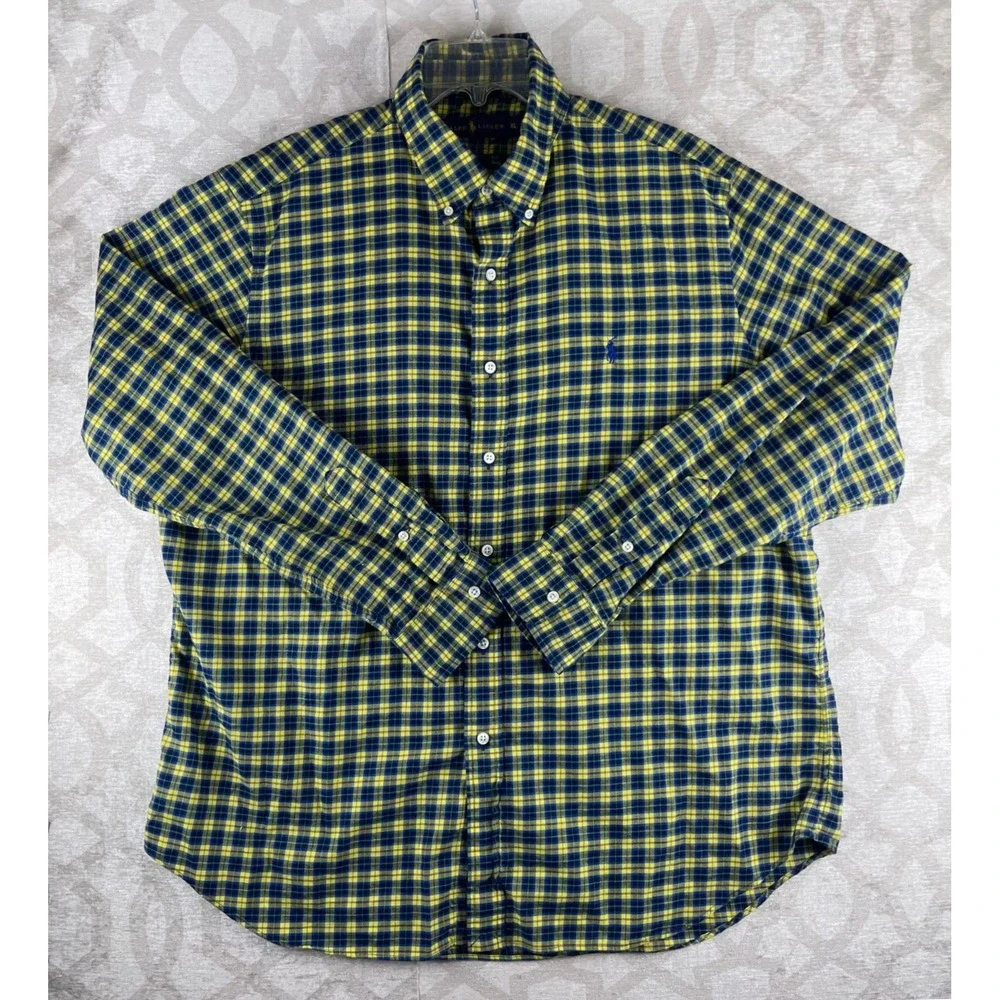 Polo‎ Ralph Lauren Plaid Shirt Mens XL Yellow Navy Blue Classic Fit Cotton